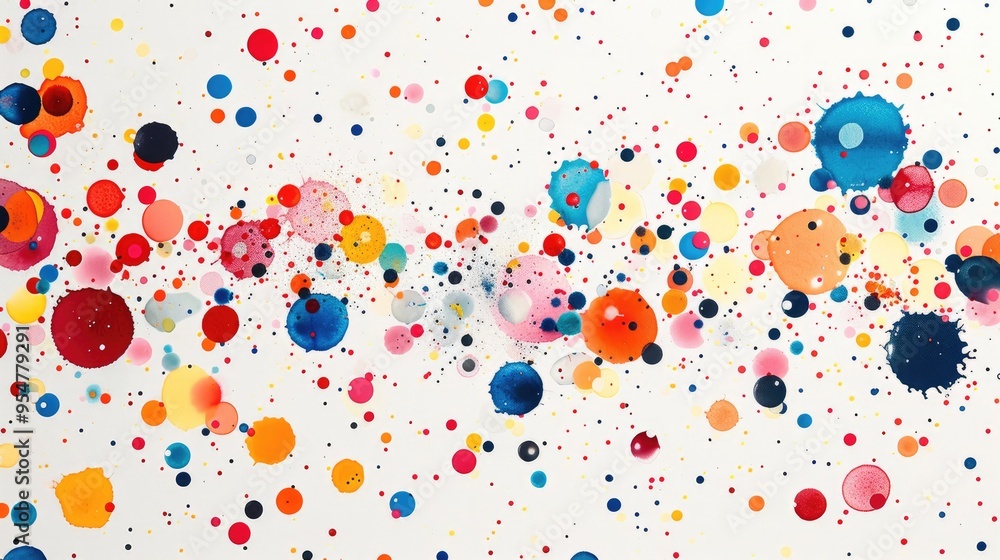 Poster a playful, abstract illustration of colorful dots and lines dancing across a pristine white canvas, 