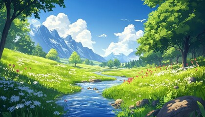 Fototapeta premium Serene Stream Winding Through a Lush Meadow with Majestic Mountains in the Background