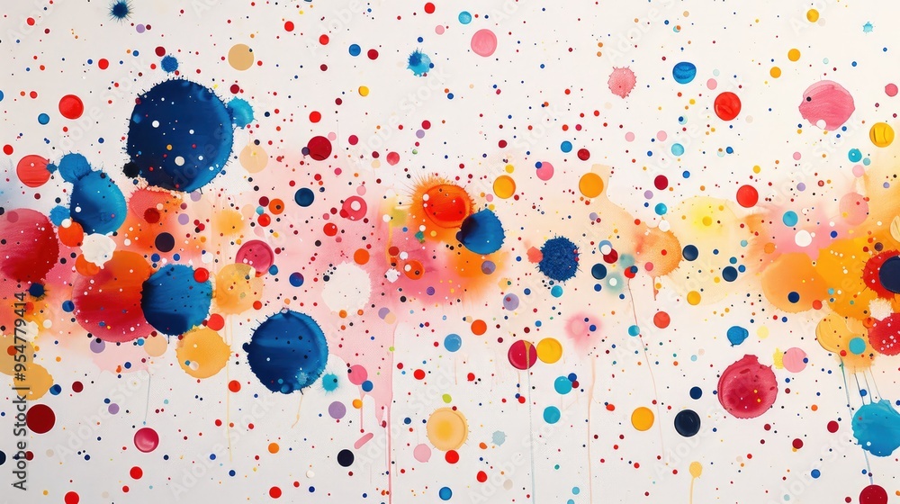 Poster a playful, abstract illustration of colorful dots and lines dancing across a pristine white canvas, 