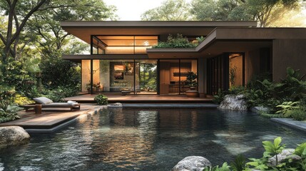 Modern home with a pool surrounded by lush greenery.