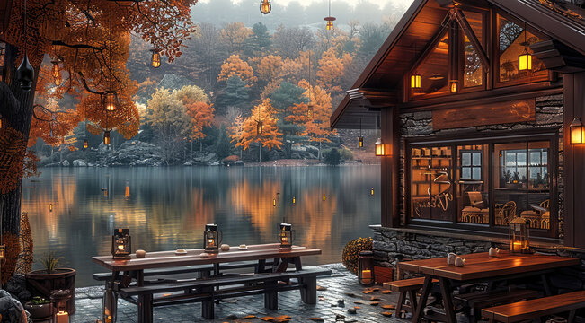 A cozy coffee shop nestled by the lake, surrounded with autumn foliage and warm lanterns, featuring wooden beams, stone accents and a fireplace inside. Generative AI.
