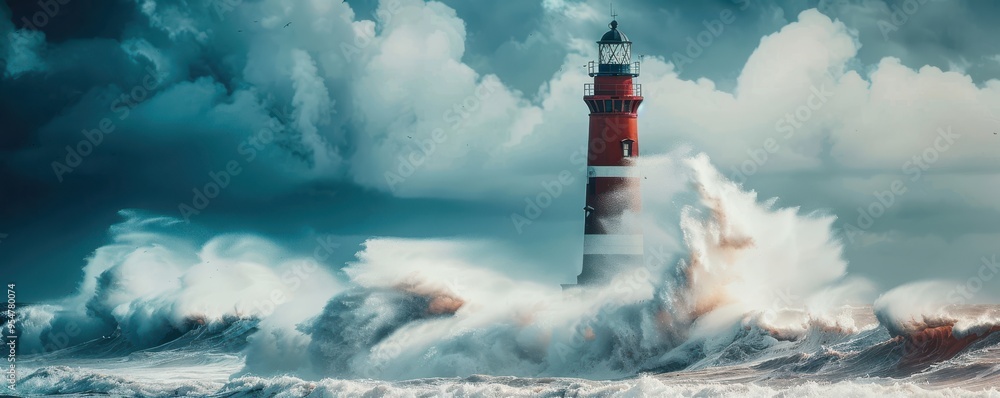 Canvas Prints lighthouse enduring stormy sea with dramatic waves and cloudy sky. free copy space for banner.