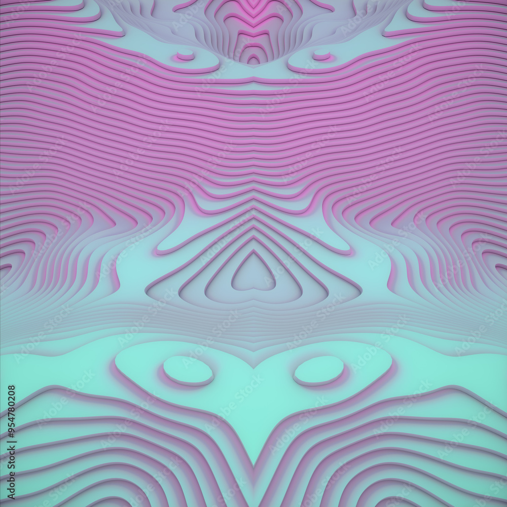 Poster interlaced symmetrical wave pattern in pink and blue. 3d rendering digital illustration