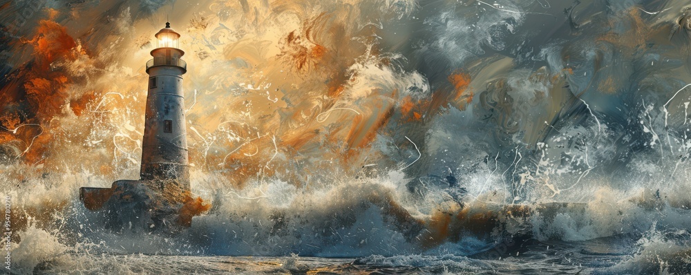 Canvas Prints lighthouse enduring stormy sea with dramatic waves and cloudy sky. free copy space for banner.