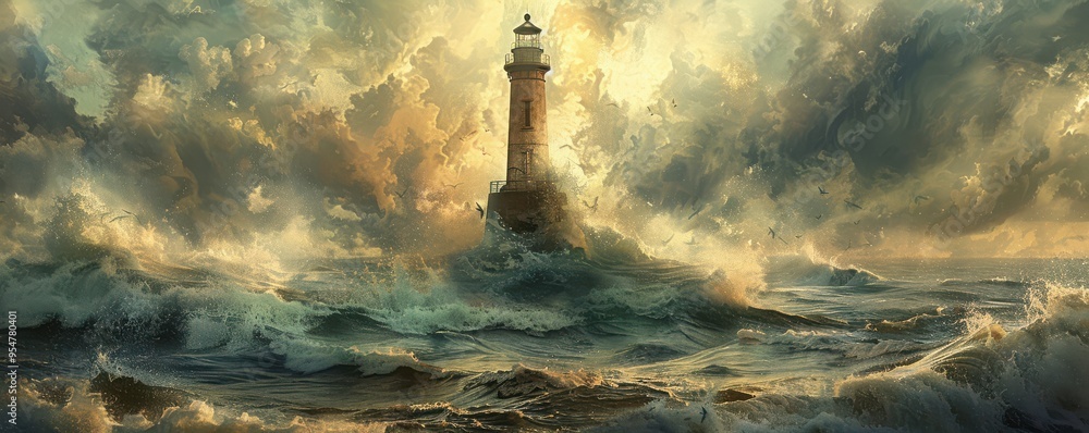 Canvas Prints lighthouse enduring stormy sea with dramatic waves and cloudy sky. free copy space for banner.