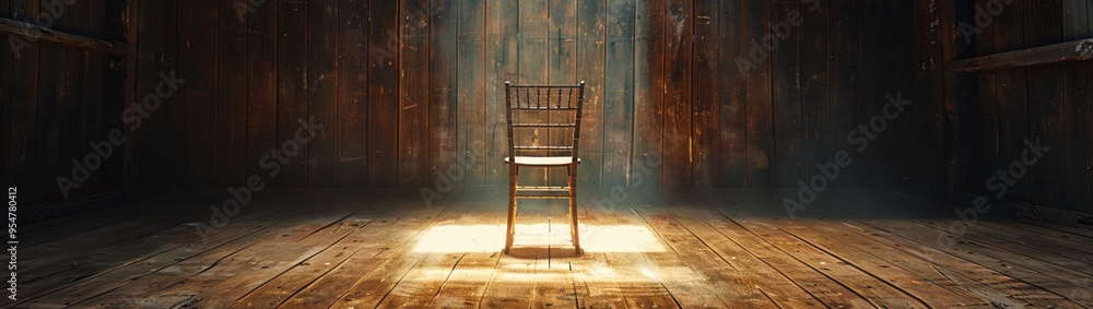 Poster an empty stage with a rustic wooden backdrop and a single chair placed at the center, casting a long