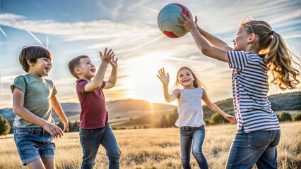 group of happy children playing with ball 