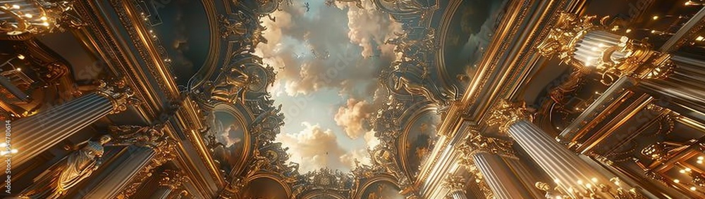 Poster an opulent baroque ceiling with a non-linear reformation design, displaying a dynamic mix of marble 