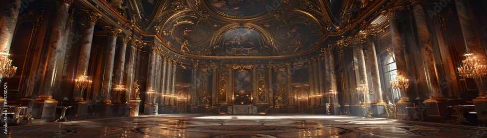 Poster an opulent baroque ceiling with a non-linear reformation design, displaying a dynamic mix of marble 
