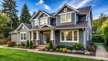 A charming home transformed with modern siding, updated windows, and lush landscaping, blending seamlessly into the