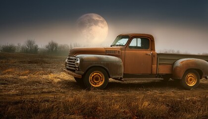 Fototapeta premium Halloween old truck with pumpkins in moon light in fog