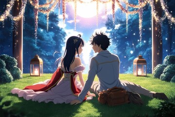 Anime Couple Escaping to Stunning Scenery and Illuminated Nights