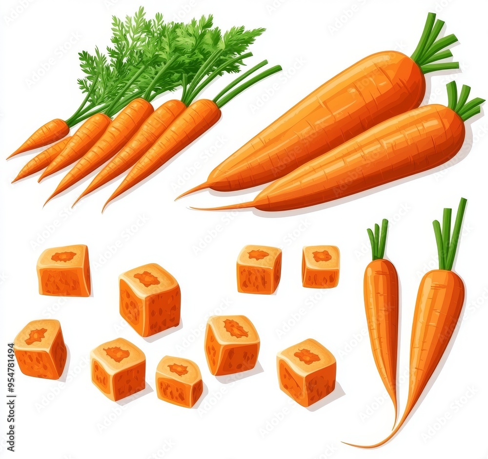 Poster slices of orange carrots in cube and circle shapes in stack, isolated with a clipping path in a png 