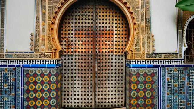 Exploring the intricate tile work and impressive wooden doors of a historic Moroccan courtyard
