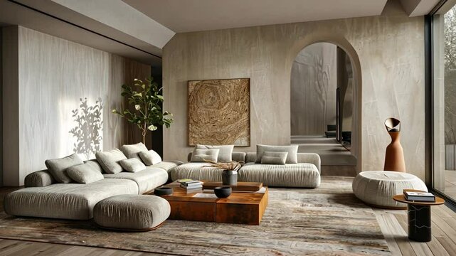 A modern, minimalistic living room with a single piece of furniture,