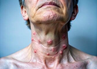 a photo image of a person's neck with enlarged lymph nodes, blueish in color, swollen and painful, surrounded by skin discoloration