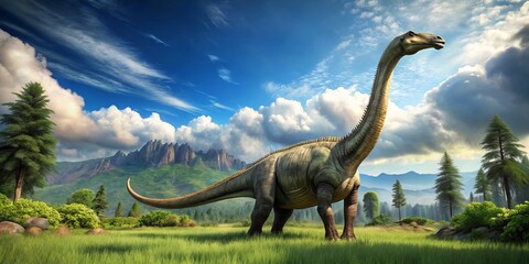 A colossal sauropod roams the primordial landscape, its lengthy neck bending gently as it savors the tender shoots