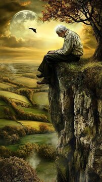 Solitary Contemplation of an Elderly Man on Cliff's Edge under Full Moonlight