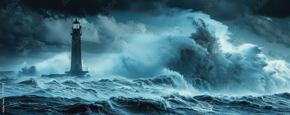 Canvas Prints lighthouse enduring stormy sea with dramatic waves and cloudy sky. free copy space for banner.