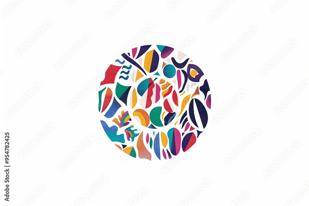 Poster an illustration of a circular logo with colorful patterns inside on a white background