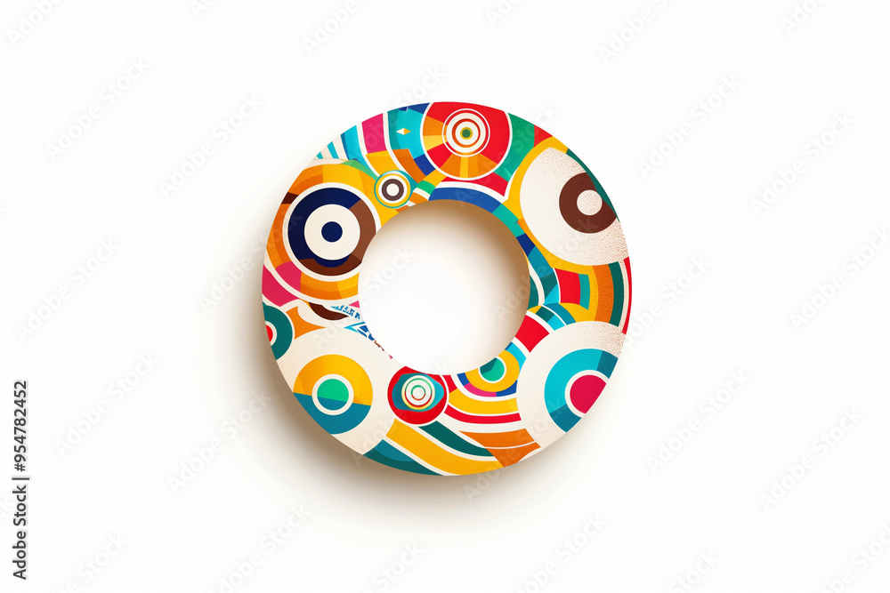 Poster an illustration of a circular logo with colorful patterns inside on a white background