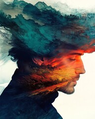 Portrait of Man with Mountains and Fire in Abstract Art Style