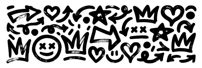 Hand drawn abstract scribbles and squiggles, graffiti style doodle elements like smiles, crowns, arrows and hearts. Bold brush drawn elements. Punk grunge style symbols for collages and templates.
