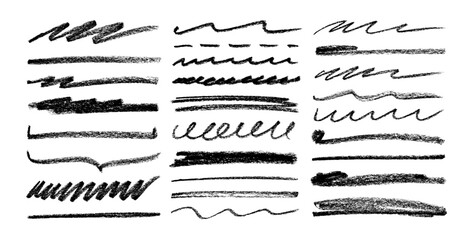 Various hand drawn crayon stripes and underlines collection. Pencil strips and rough highlighters, straight chalk lines, spirals. Doodle style sketchy chalk scribbles or rough strokes for notes.