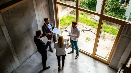 A real estate agent and clients stand in an unfinished room looking at blueprints.