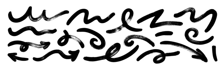 Collection various bold brush drawn arrows and squiggle lines. Hand drawn vector quirky spiral arrows and thick emphasis lines. Vector doodle marker symbols. Grunge curved brush strokes for collages.