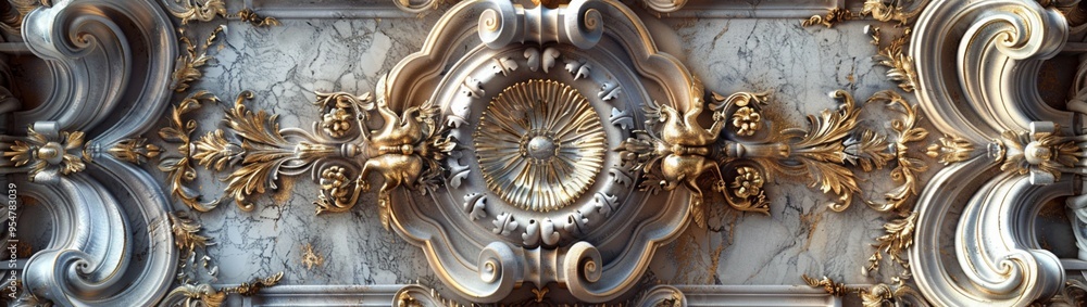 Poster a lavish marble ceiling in baroque style, characterized by an intricate, non-linear pattern of gilde