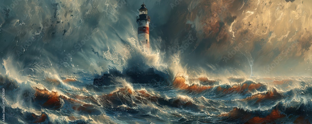 Canvas Prints lighthouse enduring stormy sea with dramatic waves and cloudy sky. free copy space for banner.