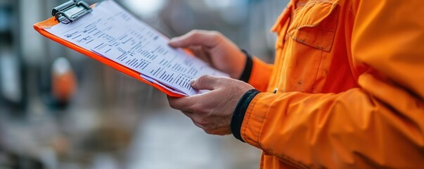 Manager s hands reviewing safety protocols and equipment lists on a construction site   Safety management, close-up preparation