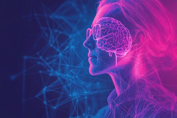 Behavioral therapy Cognitive neuroscience Depiction of woman’s face with glowing brain and neural connections symbolizing mental clarity insight and beauty of human thought illuminated by technology