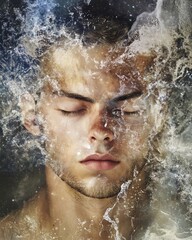 Fototapeta premium Male Face Blended with Water Elements Depicting Serenity and Nature Interaction