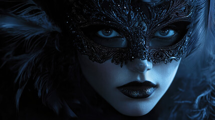 Spooky masquerade ball invitation with elegant masks, feathers, and dark atmosphere.