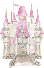 Watercolor White Pink Fairytale Castle Palace for Wedding Ceremony and Nursery Decor, Princess Party, Kids Room Poster