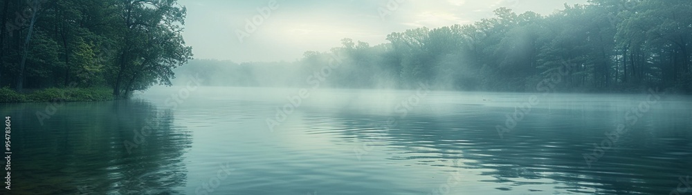 Poster a peaceful lake panorama with fog rolling in from the water, obscuring the distant shore and creatin