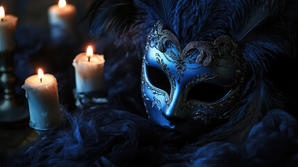 Spooky masquerade ball invitation with elegant masks, feathers, and dark atmosphere.