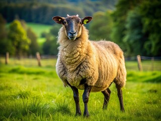 Fototapeta premium A majestic blackbelly sheep stands proudly in a lush green field, its distinctive horns and woolly coat glistening in the warm sunlight.