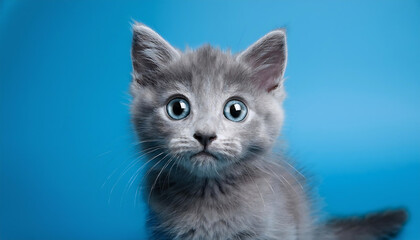  Gray Kitten with Big Eyes on Light Blue Background, Studio Shot- A cute gray kitten with la_1(190)