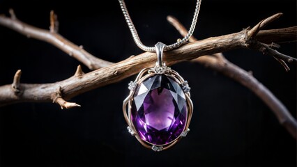jewelry pendant with gem amethyst on twig