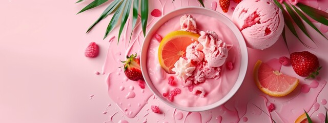 Naklejka premium Pink grapefruit ice cream with fresh fruits on a pastel background