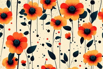 Vibrant red poppy flowers with black splatters on light background