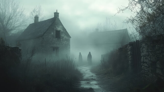 An abandoned village shrouded in fog, with ghostly figures moving through the streets.