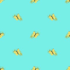 Seamless pattern with yellow butterflies on blue background for design