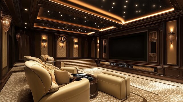 Futuristic Luxury Home Theater with AI-Controlled Sound and Lighting Systems