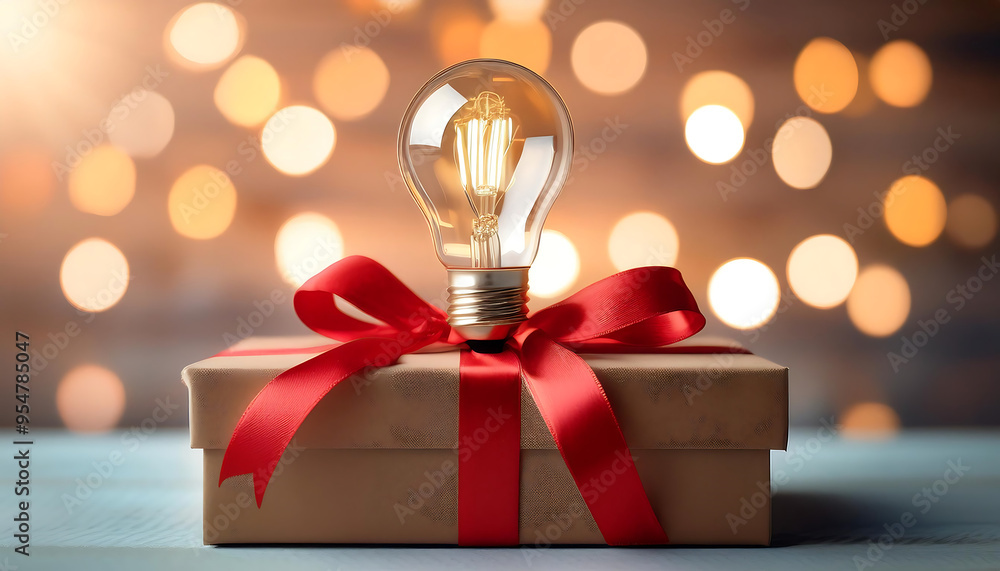 Poster  Light Bulb on Gift Box with Red Ribbon- A light bulb is elegantly placed atop a gift box ad_1(226)