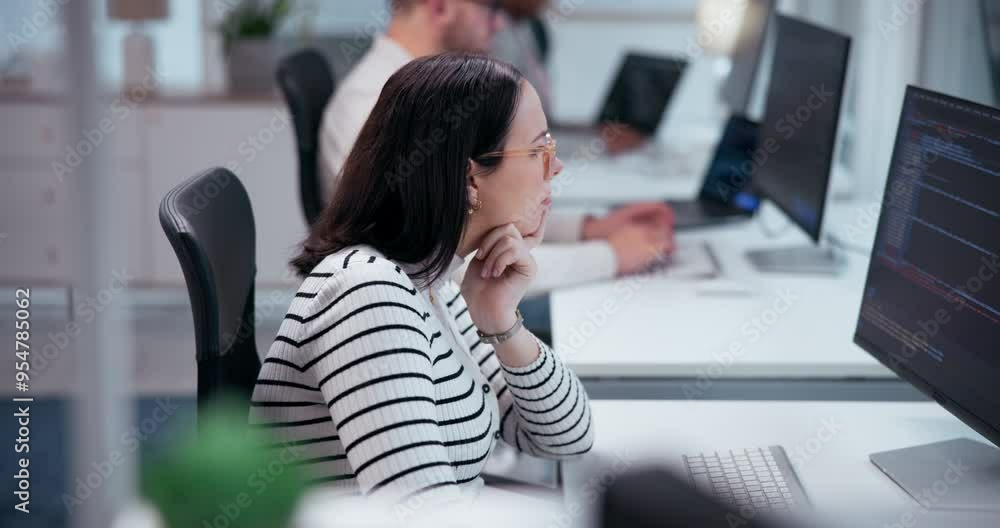 Poster Office, thinking and woman with monitor at desk for information technology, server and solution. Programming, business and developer with tech at work for backend development, testing and debugging