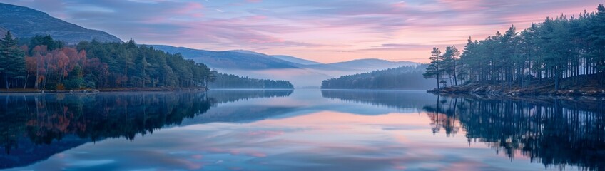 Fototapeta premium A wide lake panorama at dusk, with soft pastel colors in the sky, and the water reflecting the surrounding forest and distant mountains.